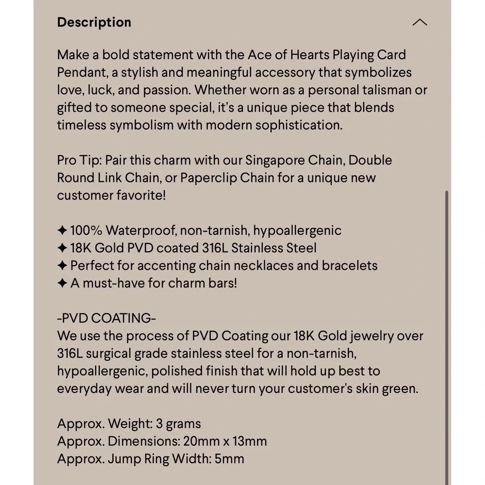 Ace of Hearts Playing Card Pendant‎ Unisex OS Black New 18K Gold PVD